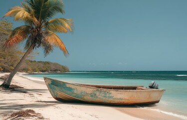 Fototapeta premium A weathered blue and white boat rests on a pristine sandy beach under a gently swaying palm tree against a tranquil light blue ocean and sky
