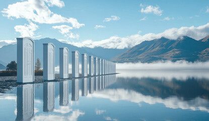 Fototapeta premium Surreal Row of White Doors by a Scenic Mountain Lake Under a Blue Sky