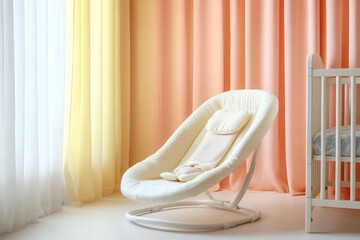 Chic and comfortable baby bouncer set beside pastel-colored walls in a stylish nursery.