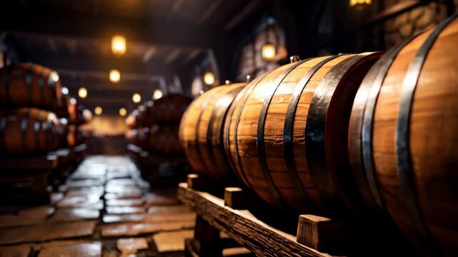 Vintage wooden barrels stored in dark wine cellar, old brown oak casks in storage of winery. Concept of vineyard, wood. 