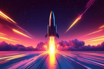retro-futuristic rocket launch illustration with cyberpunk aesthetics, gradient neon colors, and dynamic motion trails