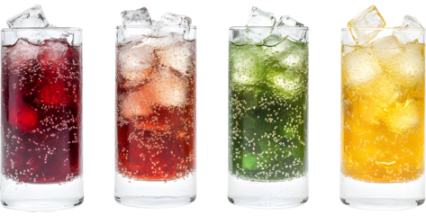 Colorful soda drinks in glasses with ice cubes.