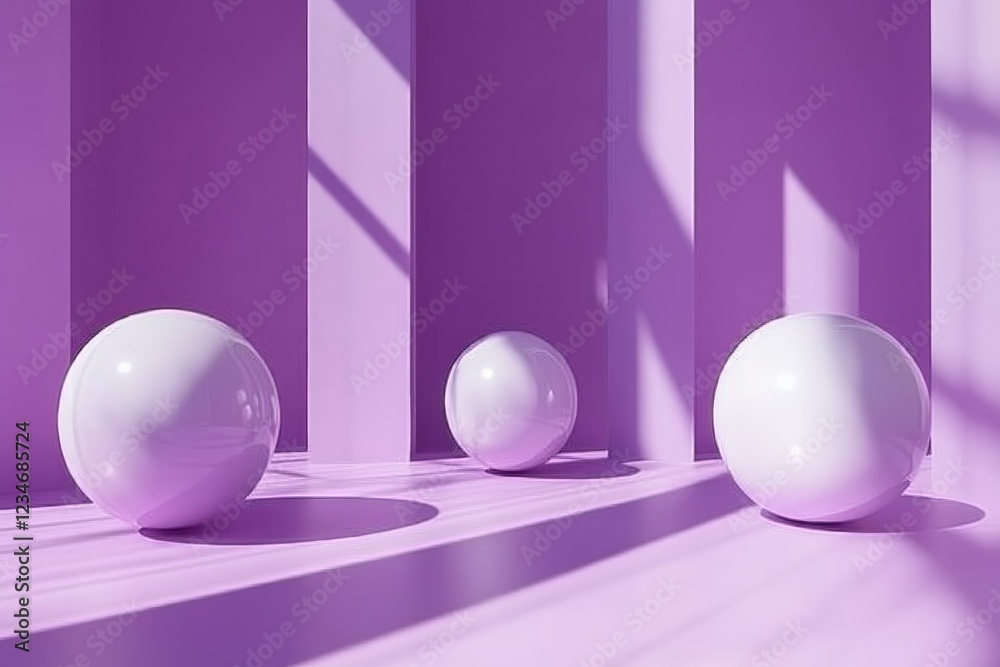 Poster three glossy spheres cast shadows in a minimalistic purple setting with geometric lines and soft lig