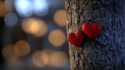 Fototapeta premium Whimsical Illustration of Two Hearts Growing on a Tree Trunk