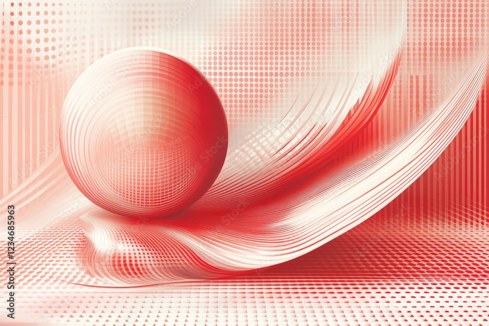 Poster Dynamic red abstract composition featuring fluid shapes and a spherical element against a textured background