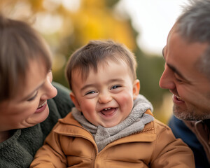 Obraz premium Happy baby smiling with parents in a warm autumn setting