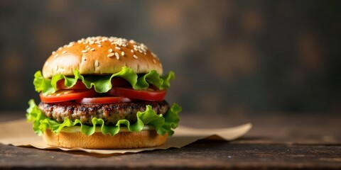 A delicious sesame seed bun hamburger with juicy patty, crisp lettuce, and ripe tomato slices, served on rustic wood