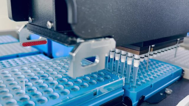 laboratory automated liquid handling system, robotic arm with multiple pipette tips above a tray of microtiter plates. technology in scientific research and testing. modern laboratory automation.
