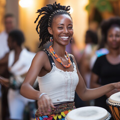 Energetic carnival scenes showcasing samba dancers, percussionists, colorful costumes, illuminated...