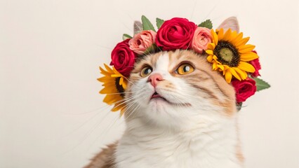 A ginger cat sits with a wreath of roses and sunflowers on her head.