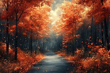 Road through red leafed trees with falling leaves, misty background