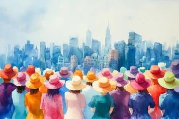 Crowd wearing colorful hats admires the skyline of a bustling city on a clear day