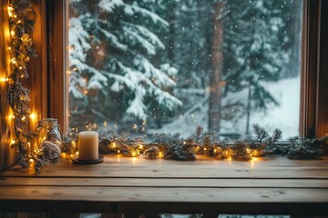 rustic wooden table in cozy cabin interior, soft fairy lights and pine garland, window showing snowy forest beyond