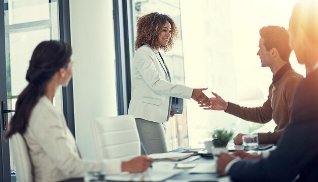 Office, business people and manager with handshake for welcome, meeting and b2b deal in accounting firm. Flare, employees and accountants with shaking hands for partnership, introduction and greeting
