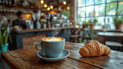 Pause Café avec Croissant sur Table en Bois