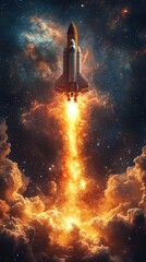 Fototapeta premium Rocket ascends through bright clouds, starry night backdrop, use science