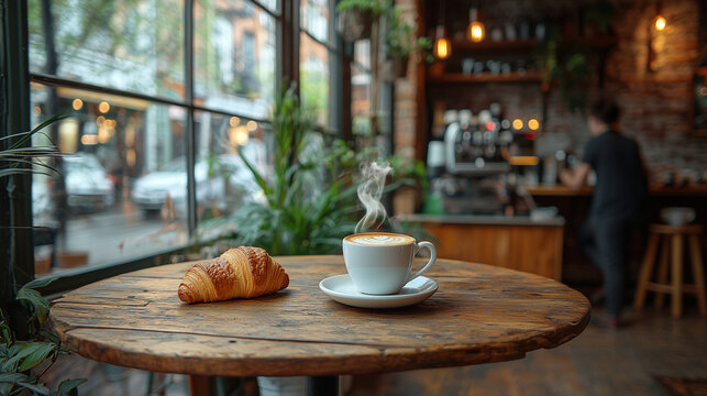 Pause Caf&eacute; avec Croissant sur Table en Bois