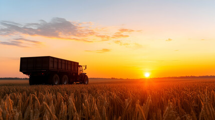 Fototapeta premium Tractor harvesting wheat at sunrise, rural field