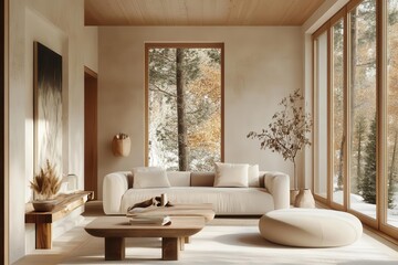 scandinavian living room flooded with natural light, featuring minimalist furniture and botanical accents