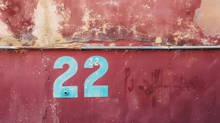 Burgundy wall with number 22 written in light blue. Copy space