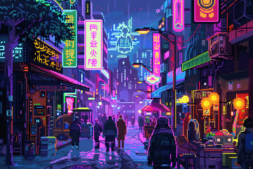 Illustrate a scene of neon holograms flickering above a bustling street market, blending with colorful murals in a pixel art medium