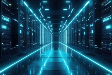 Fototapeta premium serene data center interior with rows of illuminated server racks stretching into darkness, cool blue led lights creating a technological cathedral atmosphere
