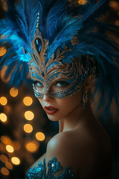  Photo carnaval glamour, femme avec masque v&eacute;nitien, plumes, strass, sequins et lumi&egrave;res scintillantes
