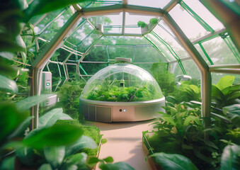A self-sustaining AI-powered bio-dome with lush greenery and robotic caretakers.
