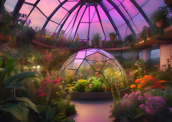 A self-sustaining AI-powered bio-dome with lush greenery and robotic caretakers.