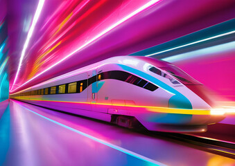 A high-speed maglev train traveling through a neon-lit futuristic tunnel.