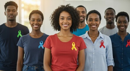 Diverse Group Supporting Cancer Awareness with Colored Ribbons