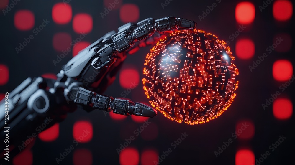 Poster a robotic hand holds a glowing orb composed of intricate patterns against a backdrop of red lights, 