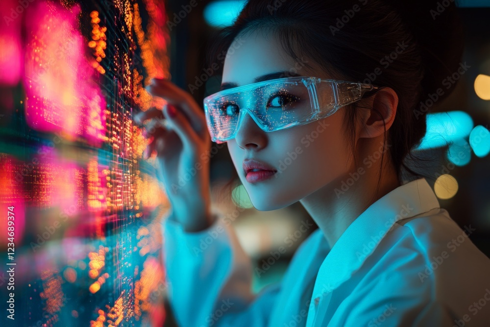 Poster Young woman in high-tech glasses analyzing data on a digital display in a modern laboratory setting during evening hours