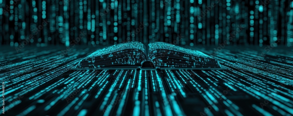 Poster an open book glows amidst flowing binary code, symbolizing the fusion of knowledge and technology.
