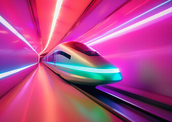 A high-speed maglev train traveling through a neon-lit futuristic tunnel.