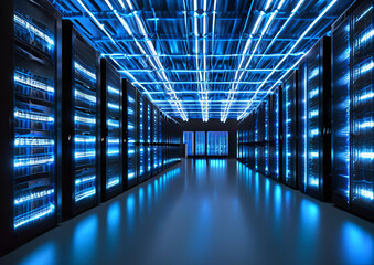 A massive AI-controlled server room with glowing data streams flowing between racks.