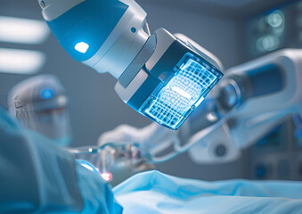 A robotic surgeon performing delicate surgery with laser precision in a high-tech hospital.