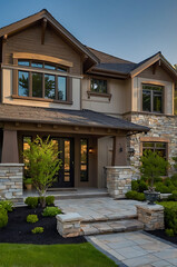 Obraz premium Luxury Modern Home Exterior: Stone and Wood Architectural Design