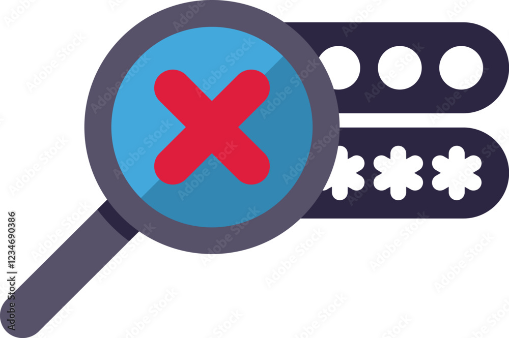 Poster magnifying glass showing a red cross mark over a wrong password, concept for unsuccessful login atte