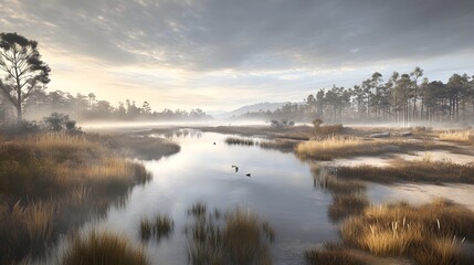 Obraz premium Foggy Marshland Scene with Tall Grasses and Calm Water Reflections