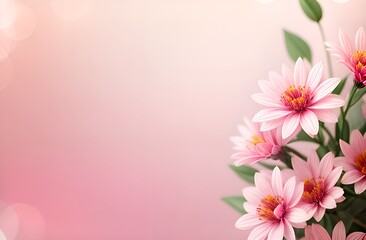 Banner, postcard. Pink flowers are depicted on the left side of the card, with plenty of free space on the right for text. Background light pink blurred