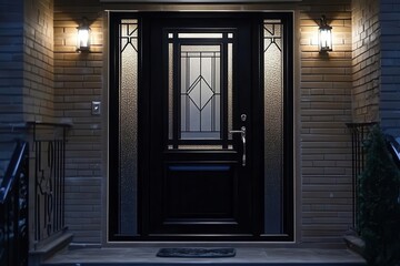 sleek black fiberglass entry door with minimalist geometric patterns, frosted glass sidelite panel, modern brushed steel hardware, dramatic lighting