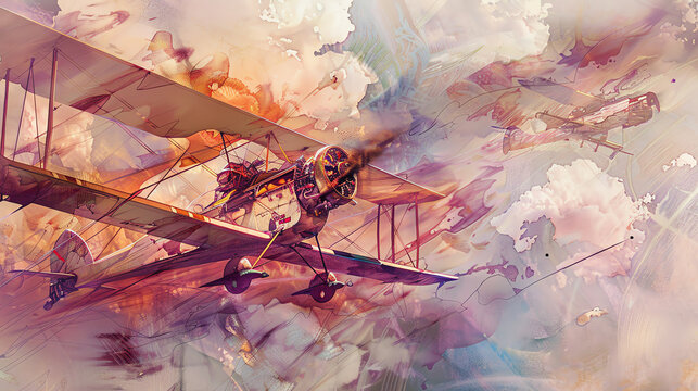 Illustrate the fusion of aerial ballet movements with iconic aviation moments, focusing on intricate details Show a twist in camera angles to reveal the symmetry and elegance of the fusion, using trad