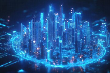 Obraz premium smart city ecosystem floating in digital space, interconnected iot devices forming urban landscape, holographic data streams, blue tech glow
