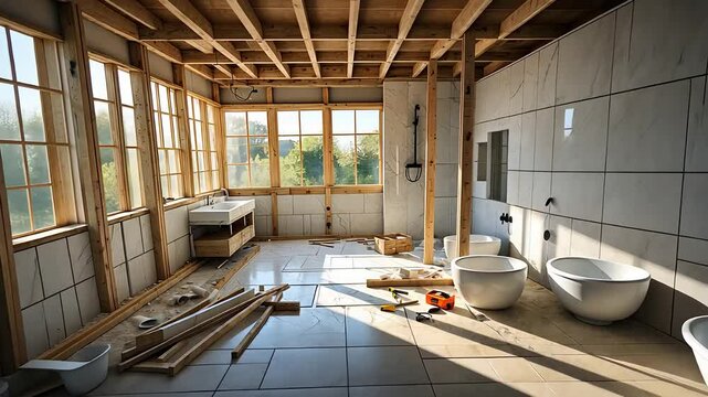 Spacious Bathroom Under Renovation with Large Windows, Exposed Wooden Beams, Modern Fixtures, and Construction Tools

