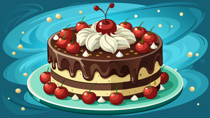 Black forest cake decorated with whipped cream and cherries