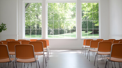 Fototapeta premium Empty orange chairs arranged in rows inside a bright seminar room with large windows overlooking a green park.