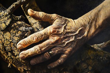 A close-up of an aged hand resting on textured wood, highlighting the beauty of aging.