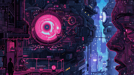 Illustrate the intersection of futuristic technologies and psychological concepts through a pixel art representation Explore the depths of AI learning mixed with human emotions from a wide-angle view,