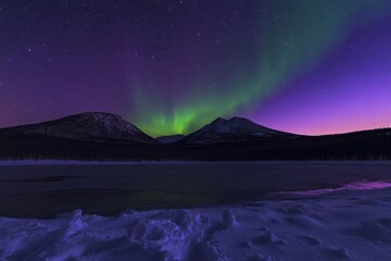 Naklejka premium spectacular emerald and violet aurora borealis dancing across starlit sky, reflecting off pristine snow-covered landscape, majestic mountain silhouettes